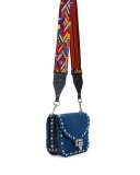Rockstud Rolling Small Denim Guitar-Strap Crossbody Bag, Denim/Multi