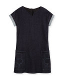 Cap-Sleeve Stretch Denim Shift Dress, Denim Blue, Size 6-10