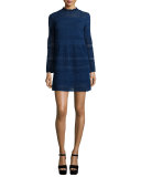 Mix-Stitched A-Line Dress w/ Ruffled Collar, Navy
