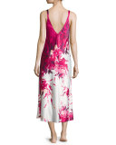 Floral-Printed Charmeuse Long Gown, Fuchsia Print