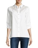 Cher Crocheted-Yoke Button-Front Blouse, White