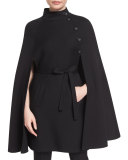 Stand-Collar Belted Cape, Black