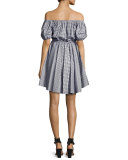 Gingham Off-the-Shoulder Bardot Dress, Navy/White