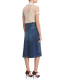 Short-Sleeve Macrame-Trim Blouse, Ivory
