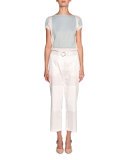 Bicolor Short-Sleeve Sweater, Light Blue/White