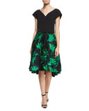 High-Waist Floral Leaf Skirt, Green/Black
