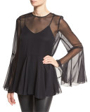 The Influence Bell-Sleeve Silk Blouse, Black