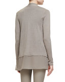 Chiffon-Trim Long Cardigan, Mushroom