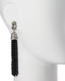 Long Beaded Crystal Tassel Clip Earrings, Black