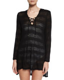 Afterglow Striped Hoodie Coverup Tunic, Black