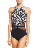 Marble High-Neck One-Piece Swimsuit, Black/White