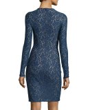 Lace Long-Sleeve Sheath Dress, Sapphire