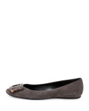 Gommette Tortoiseshell-Buckle Suede Flat, Gray