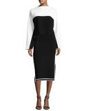 Sporty Border Side-Slit Midi Skirt, Black/White