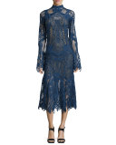 Lace Mock-Neck Midi Flare Dress, Navy