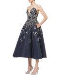 Floral-Embroidered Strapless A-Line Cocktail Dress, Indigo