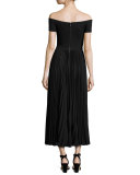 Ilana Off-The-Shoulder Plissé Tea-Length Dress, Black
