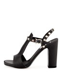 Rockstud Leather Chunky-Heel Sandal, Nero
