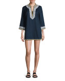Embroidered 3/4-Sleeve Cotton Coverup Tunic, Tory Navy