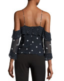 Polka Dot Spiral-Sleeve Cold-Shoulder Silk Top, Blue/White
