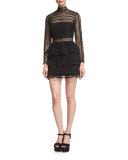 Long-Sleeve Tiered Lace Mini Dress, Black