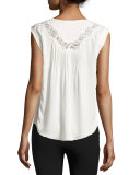 Lace-Inset Sleeveless Silk Top, Chalk