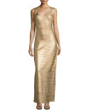 Cap-Sleeve V-Neck Bandage Gown, Rose Gold