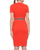 Short-Sleeve Belted Sheath Dress, Rust
