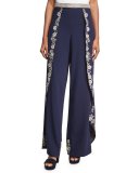 Larissa Embroidered Crepe Overlap Pants, Blue