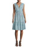 Sleeveless Split-Neck Tiered Dress, Turquoise/Combo