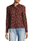 Willa Bird-Print Silk Shirt, Multicolor