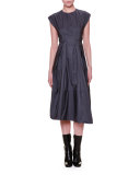Cap-Sleeve Jewel-Neck Midi Dress, Gray