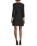3/4-Sleeve Mesh-Trim Ponte Cocktail Dress, Nero
