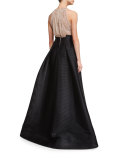 Sleeveless Embellished Ball Gown, Black/Nude