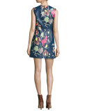 Floral-Print Leather Sleeveless Shift Dress, Blue Multicolor