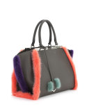 3 Jours Fur-Trim Leather Satchel Bag, Gray/Purple/Blue