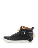 Women's 100mm Belted Leather High-Top Sneaker, Black/White