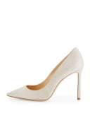 Romy Glitter Pointed-Toe 100mm Pump, Platinum Ice
