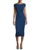 Twisted-Waist Cap-Sleeve Dress, Sapphire