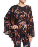 Short Flutter-Sleeve Printed Silk Caftan, Black/Multi