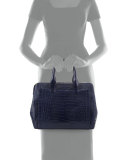 Large Modern Double-Zip Crocodile Tote Bag, Navy Matte