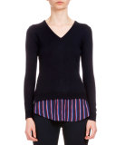 Colbert Long-Sleeve V-Neck Sweater w/Striped Hem, Navy