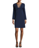 Grommet Lace-Up Long-Sleeve Tunic Dress, Maritime