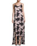Sleeveless Floral High-Low Popover Gown, Black/Multicolor