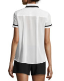 Oswald Tie- Neck Short-Sleeve Shirt, White/Black