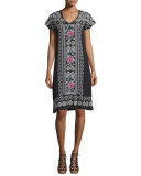 Tara Short-Sleeve Linen Embroidered Dress, Plus Size 