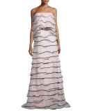 Tiered Silk Organza Strapless Gown, Light Pink
