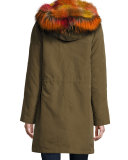 Hooded Zip-Front Jacket w/ Multicolored Fur Trim, Green Multi