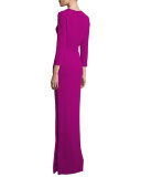 Sunray-Neck 3/4-Sleeve Gown, Tourmaline 