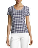 Striped Jacquard Short-Sleeve Sweater, Navy/White